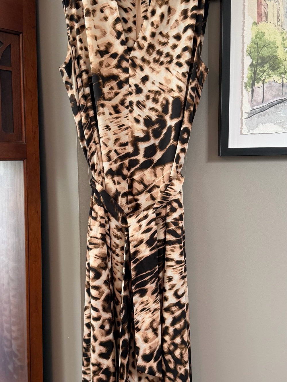 Alex Marie Sleeveless Maxi Belted Dress in Tan and Black Animal Print. Size 10 - Picture 4 of 8